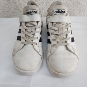 Adidas Sneakers Kids US 3 White Black Hook and Loop Strap Low Top Three Stripe